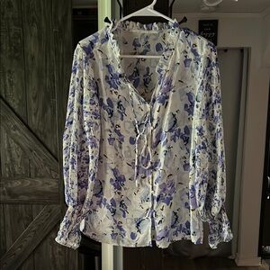 Cream Ruffled Long Sleeve Blouse with Tie Front